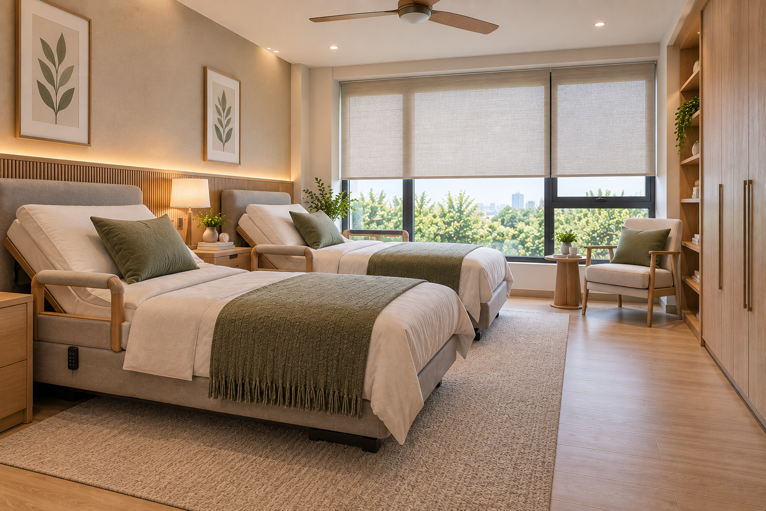 Senior-friendly bedroom with adjustable twin beds