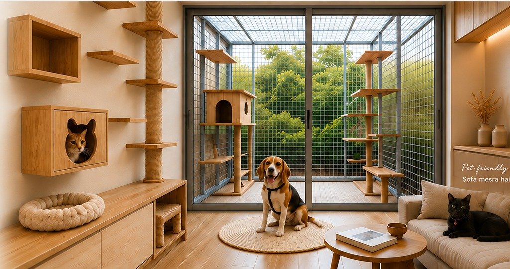 Warm pet-friendly living room with catio, Cheeky and cats, including a pet-friendly sofa