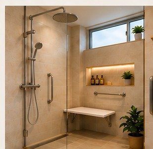 Step-free walk-in shower with seat and grab bars
