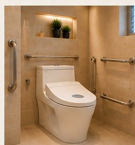 Automatic toilet with bidet, grab bars and non-slip flooring